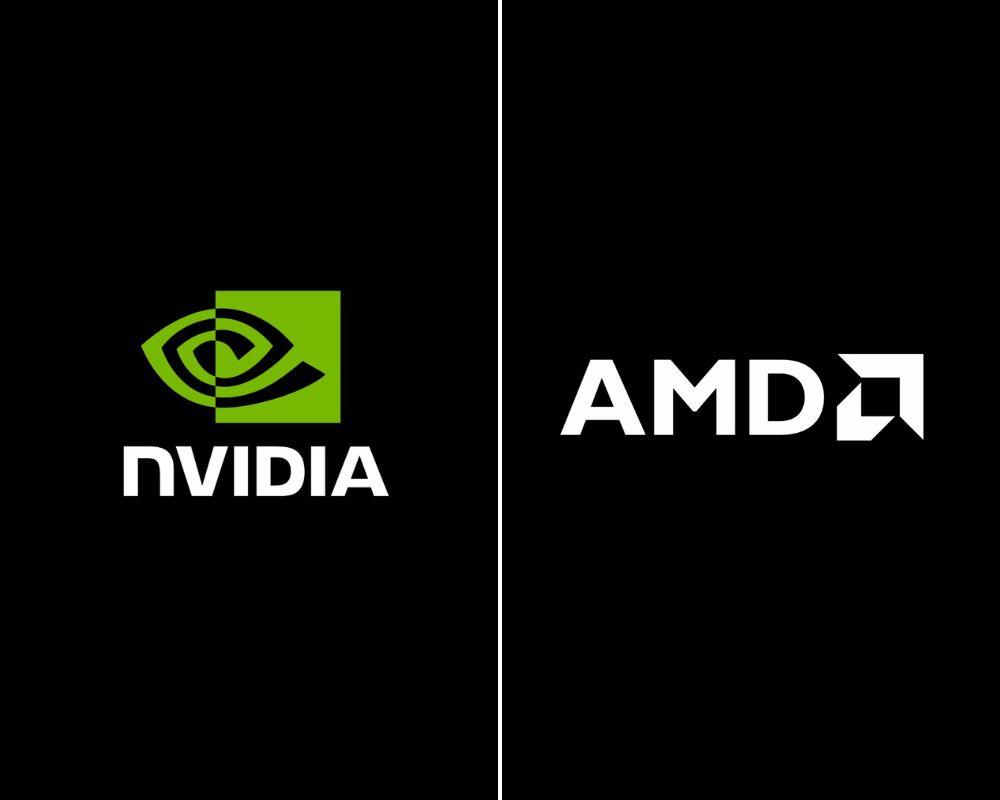 Białe napisy NVIDIA i AMD, nad NVIDIA widnieje zielone logo firmy, wszystko znajduje się na czarnym tle. Oba napisy oddziela biały pasek pośrodku obrazka