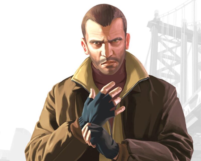Niko Bellic – postać z GTA 4. Mężczyzna o surowym wyrazie twarzy zakładający rękawiczki, ubrany w brązową kurtkę na białym tle.