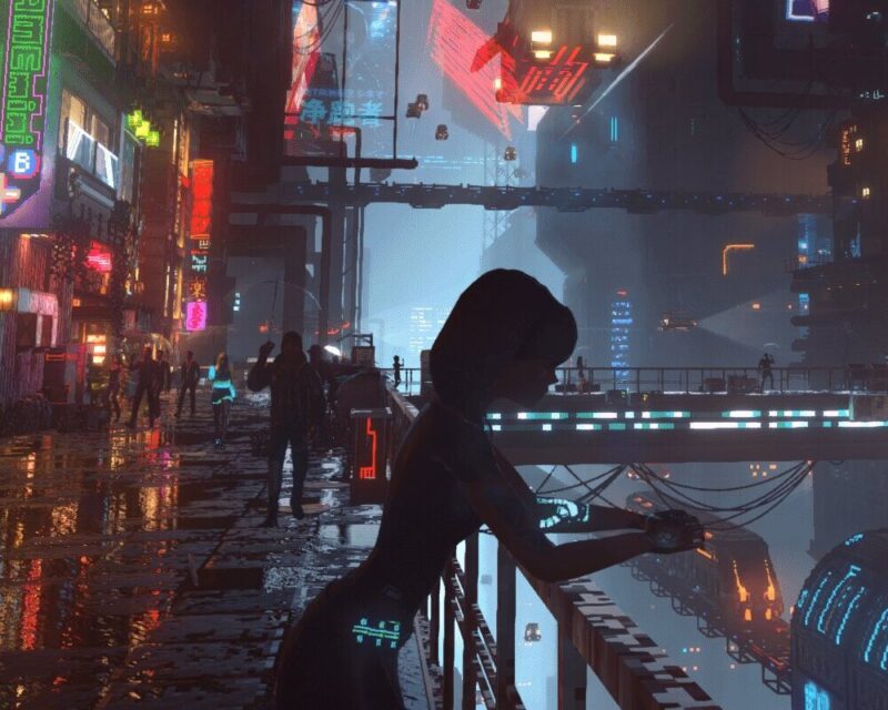 Obraz przedstawia gęsto zabudowaną, futurystyczną metropolię w estetyce cyberpunk. To wizja miasta nocą, zdominowana przez neony, zaawansowaną technologię i deszczową, senną atmosferę. W centrum uwagi znajduje się sylwetka kobiety opierającej się o barierkę na balkonie lub kładce. Jest ona zwrócona tyłem do widza, co nadaje scenie melancholijny charakter – wygląda, jakby kontemplowała ogrom miasta. Pod nią widać mokry od deszczu chodnik, w którym realistycznie odbijają się światła neonów