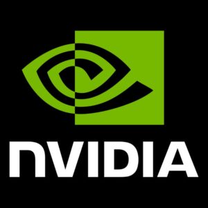 Obrazek prezentuje logo firmy Nvidia – zielone, ułożone w spiralę „oko” na czarnym tle z podpisem firmy pod nim