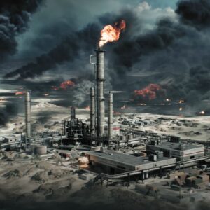 Zrzut ekranu z gry Battlefield 6. Ukazuje rzut na centralny punkt mapy Operacja Ognista Burza. Na obrazie widzimy potężną rafinerię w trakcie bitwy. Niektóre jej elementy zostały zniszczone, a oprócz pochodni gazowej, płoną także inne elementy zabudowy, a także pola ropy w tle. Niebo jest zasnute czarnym dymem.