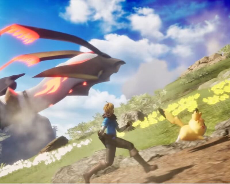 Zrzut ekranu z gry Pickmon: postać w niebieskiej tunice i żółty stwór przypominający Pikachu (co powoduje, że Pickmon to plagiat Pokemon). Postacie biegną przez polane. Nad nimi unosi się wielki, latający smok, który przypomina stwora z Pokemonów