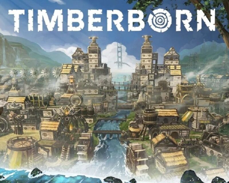 U góry znajduję się napis Timberborn. Pod nim widać miasto z drewnianymi budynkami. Między budynkami widać rzekę, ma której są drewniane kładki.