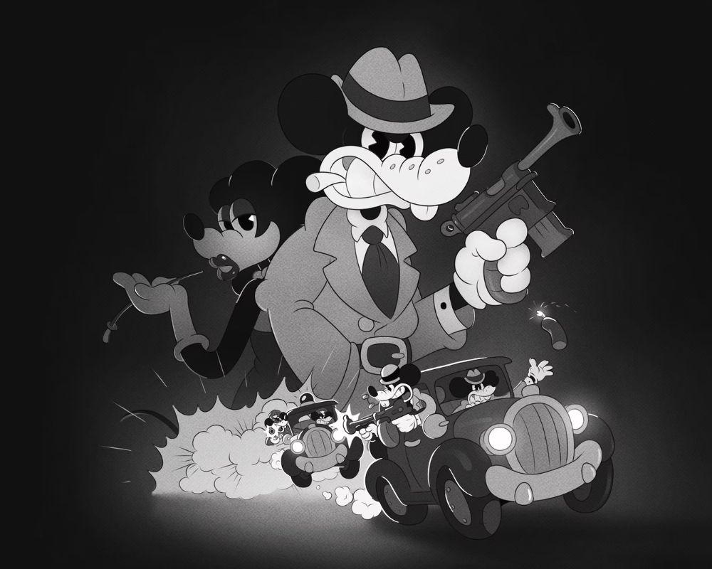 Okładka gry Mouse: P.I. for hire. Grafika przedstawia głównego bohatera - mysz w kapeluszu oraz długim płaszczu. Pod spodem ma koszulę z krawatem. W ustach ma papierosa a w dłoni pistolet z podłużną spluwą. Za jego plecami stoi mysz w wyraźnym makijażu oraz sukni. W dłoni trzyma papierosa. Przed nimi widzimy 2 pojazdy (również prowadzone przez myszy) miedzy którymi dochodzi do strzelaniny. Z samochodu z przodu wyrzucany jest dynamit. Całość jest czarno-szaro-biała.