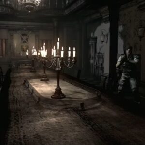 Zrzut ekranu z gry Resident Evil. Prezentuje jednego z bohaterów gry (z bronią w ręku) w ciemnym pomieszczeniu z długim stołem i krzesłami przy nim. Na blacie stoją wieloramienne kandelabry. Na ścianach zaś wiszą latarnie, obrazy oraz ozdoba w postaci skrzyżowanych na tarczy mieczy. Pomieszczenie utrzymane jest w stylu neogotyku z naleciałościami stylu wiktoriańskiego.