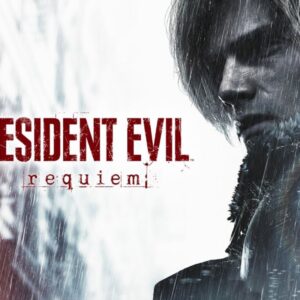 Okładka gry Resident Evil Requiem, mrocznego survivalu oraz horroru z serii Resident Evil. Grafika promocyjna gry Resident Evil Requiem przedstawiająca zbliżenie na mężczyznę o długich włosach częściowo zasłaniających twarz. Postać stoi w deszczu na tle zimnej, rozmytej scenerii, co podkreśla mroczny i dramatyczny klimat. Po lewej stronie widnieje czerwony napis z tytułem gry „Resident Evil requiem”.