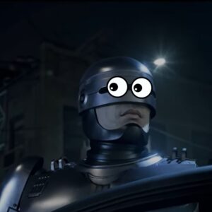 Grafika prezentuje przerobiony zrzut ekranu z gry RoboCop: Rogue City. Tytułowy bohater wysiada z pojazdu w nocy. Jest duże zbliżenie na jego twarz. W miejscu wizjera wklejone zostały komiksowe oczy, wyrażające niepewność i zaskoczenie.