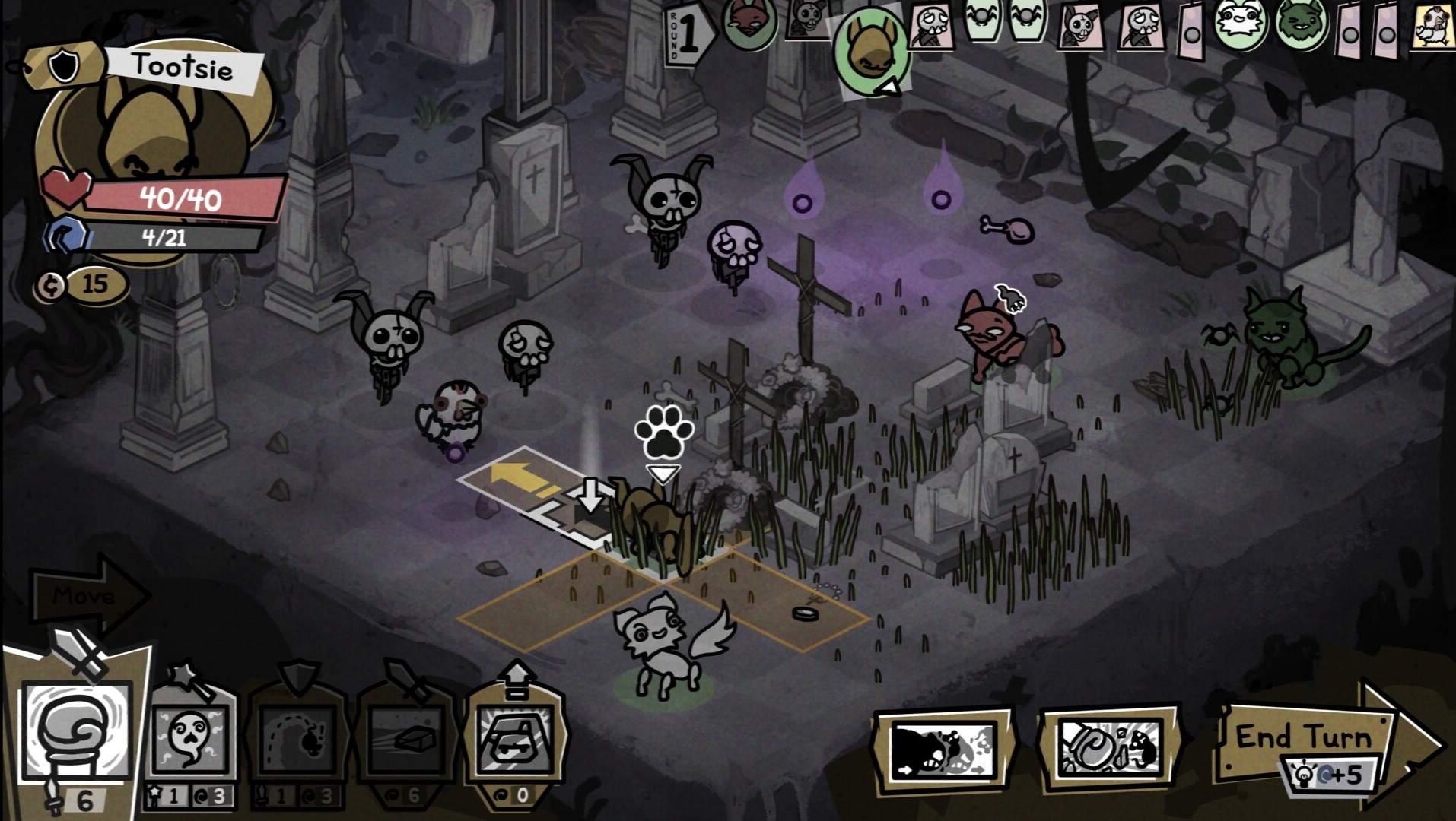 Na szachownicy 10 na 10 widoczne jest kilka kotów oraz ich przeciwników. Dziwne stworzenia z czaszkami na glłowie stoją na planszy przypominającą cmentarzysko. Zauważyć można kilka krzyży na środku mapy, nagrobki i zarośnięte trawą pola.