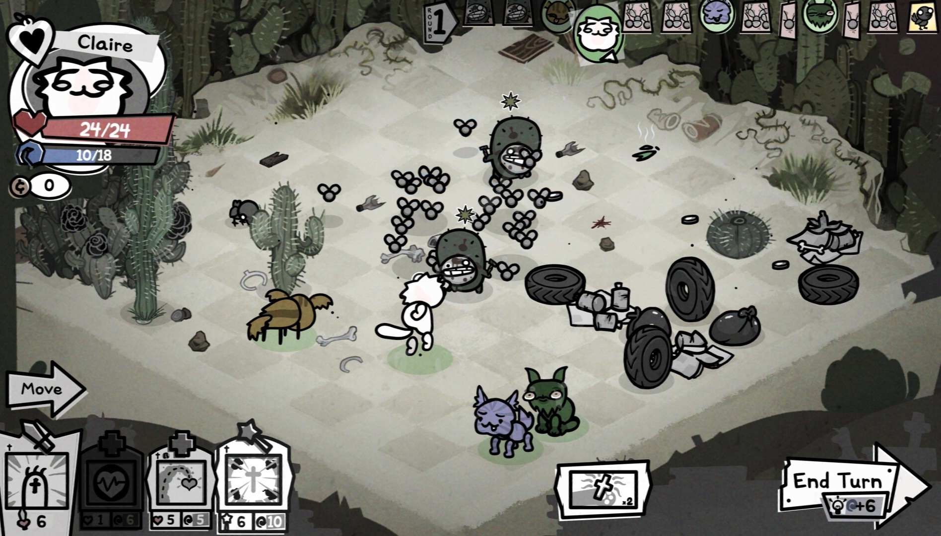 Na planszy przypominającej pustynię widoczne jest kilka postaci. Pare kotów, dwóch ludzi przebranych za kaktusy i kilka much. Sama plansza ma szaro żółte barwy. Na niektórych polach widoczne są stare opony, a na innych rosną kaktusy.