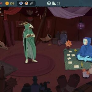 Na zdjęciu widać kadr z gry Slay the Spire 2 przedstawiający ekran handlarza wewnątrz mrocznego namiotu. Po lewej stronie stoi postać w długiej, zielonej szacie z czaszką zamiast maski i rogami, natomiast po prawej siedzi kupiec w niebieskim kapturze z białą maską na twarzy. Postać siedzi na wzorzystym dywanie z rozłożonymi kartami, a wokół niej znajdują się zapalone świece i sakiewki ze złotem. W tle widać półki z miksturami i zwojami, a górna część ekranu zawiera interfejs z liczbą punktów życia (37/70) oraz złotem (152).