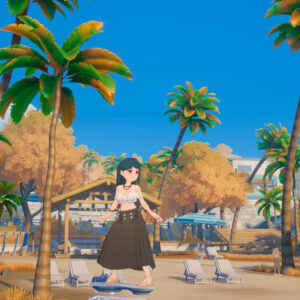 Stylizowana, kolorowa scena w stylu anime przedstawia tropikalną plażę z palmami, leżakami i drewnianymi budynkami w tle. Na środku widoczna jest postać dziewczyny stojącej na desce, ale główny nacisk pada na jasne, słoneczne otoczenie nadmorskiego kurortu. Całość utrzymana jest w ciepłej, pastelowej kolorystyce z wyraźnie uproszczoną, kreskówkową estetyką.