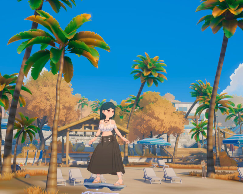 Stylizowana, kolorowa scena w stylu anime przedstawia tropikalną plażę z palmami, leżakami i drewnianymi budynkami w tle. Na środku widoczna jest postać dziewczyny stojącej na desce, ale główny nacisk pada na jasne, słoneczne otoczenie nadmorskiego kurortu. Całość utrzymana jest w ciepłej, pastelowej kolorystyce z wyraźnie uproszczoną, kreskówkową estetyką.