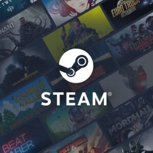 Grafika przedstawia charakterystyczne logo Steam – biała, okrągła ikona przypominająca element mechanizmu oraz duży napis „STEAM” umieszczony poniżej. Tło tworzy mozaika okładek różnych gier, ułożonych pod lekkim kątem i częściowo nachodzących na siebie.