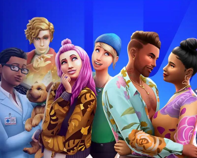 Grafika promocyjna The Sims 4, przedstawiająca 6 różnych postaci stojących obok siebie. Postacie stoją na niebieskim tle. Również na grafice pojawia się piesek.