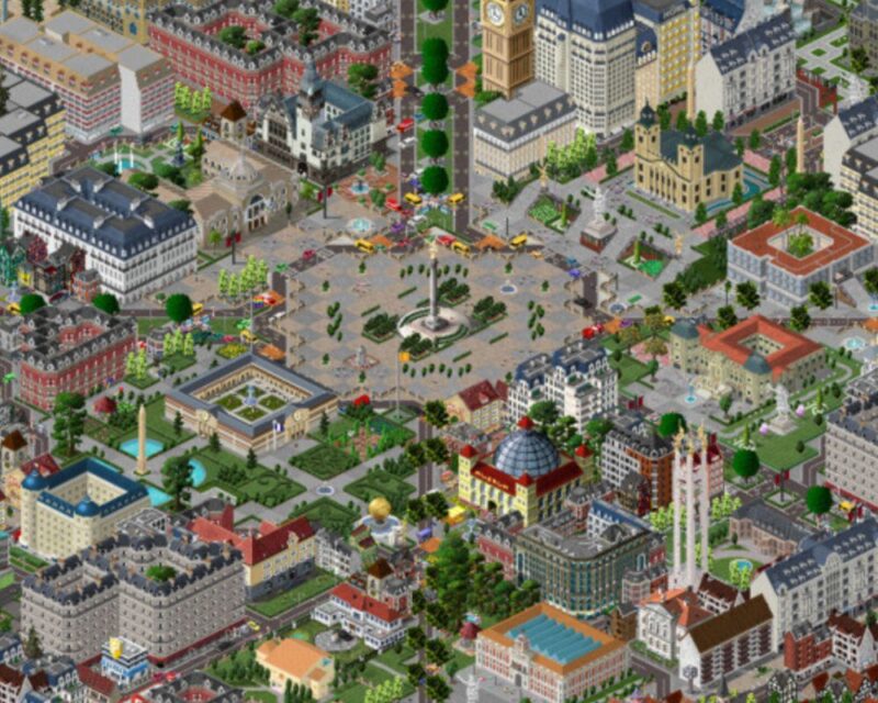 Screen z gry TheoTown. Zrzut ekranu z gry komputerowej typu city-builder, przedstawiający gęsto zabudowane, wirtualne miasto w widoku izometrycznym. Centralnym punktem jest duży, brukowany plac z wysoką kolumną-pomnikiem pośrodku. Wokół placu znajdują się budynki o klasycznej, europejskiej architekturze z ciemnoniebieskimi dachami mansardowymi, liczne skwery, fontanny oraz zielone ogrody z przystrzyżonymi żywopłotami. W oddali widać wieżę zegarową przypominającą Big Bena oraz gęstą sieć ulic z małymi, kolorowymi samochodami. Całość ma estetykę retro, charakterystyczną dla gier symulacyjnych z przełomu lat 90. i 2000.