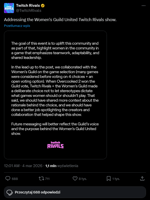 Oświadczenie platformy Twitch, białe napisy na czarnym tle. Treść: Addressing the Women's Guild United Twitch Rivals show.