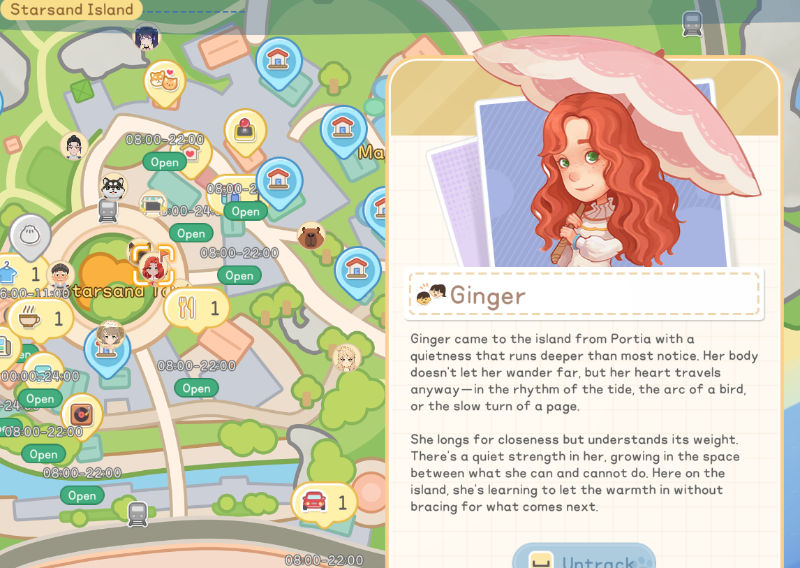 Stylizowany, kolorowy interfejs gry przedstawia mapę wyspy z ikonami budynków, postaci i punktów usługowych oznaczonych godzinami otwarcia. Po prawej stronie widoczne jest okno z portretem rudowłosej postaci o imieniu Ginger oraz dłuższym opisem tekstowym. Całość ma pastelową, kreskówkową estetykę z czytelnym, przyjaznym UI.