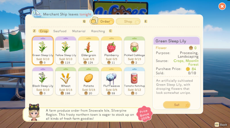 Pastelowy, przejrzysty interfejs użytkownika w grze Starsand Island. Na obrazku widoczna jest lista produktów możliwych do sprzedania handlarzowi. Po prawej stronie znajduje się szczegółowy opis wybranego przez gracza obiektu.