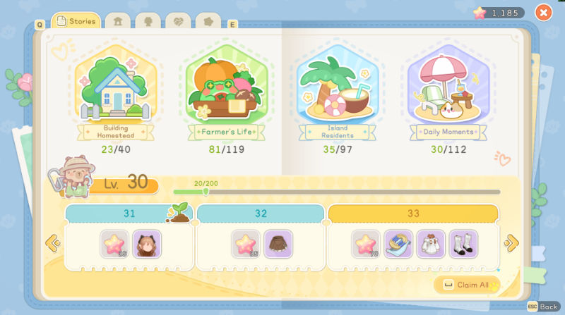 Książeczka ze stempelkami. Całość w pastelowej, przejrzystej, minimalistycznej stylistyce. Kolorowe, uproszczone ilustracje symbolizują cztery różne kategorie rzeczy możliwych do odblokowania przez gracza. Na dole znajduje się pasek poziomu gracza oraz lista nagród za zdobycie każdego z nich.