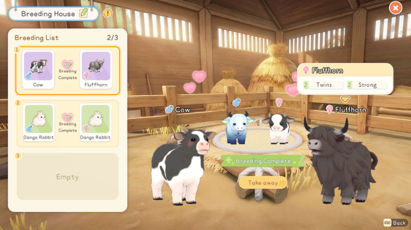 Panel hodowli zwierząt w grze Starsand Island. W tle widać ilustrację wnętrza stodoły, na pierwszym planie zaś para rodziców: krowa i byk, wraz ze swoimi młodymi, które są efektem parowania. Po lewej stronie interfejs zawierający listę aktualnie rozmnażanych zwierząt.