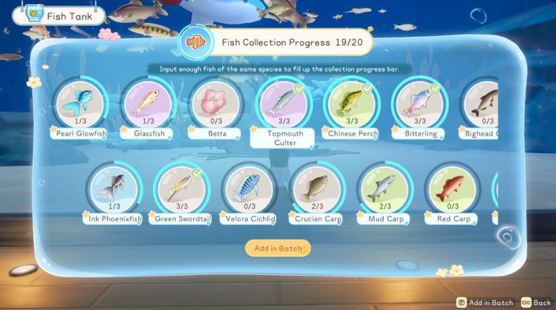 Kolekcja złowionych ryb. Niebieskie, półprzezroczyste okno symulujące taflę wody zawiera ikonki różnych gatunków ryb możliwych do złowienia w grze Starsand Island. Wokół każdej ikonki znajduje się pasek postępu. U góry widoczne jest podsumowanie kolekcji, aktualnie jej status to 19/20.