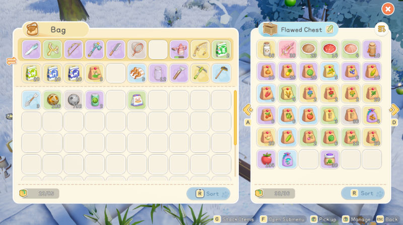 Interfejs ekwipunku gracza w grze Starsand Island. Pastelowe, minimalistyczne okienka z dużą przestrzenią na przedmioty. Na obrazku widoczne są przedmioty aktualnie noszone przez gracza (takie jak narzędzia czy jedzenie), po prawej stronie zawartość skrzynki: nasiona warzyw i owoców.