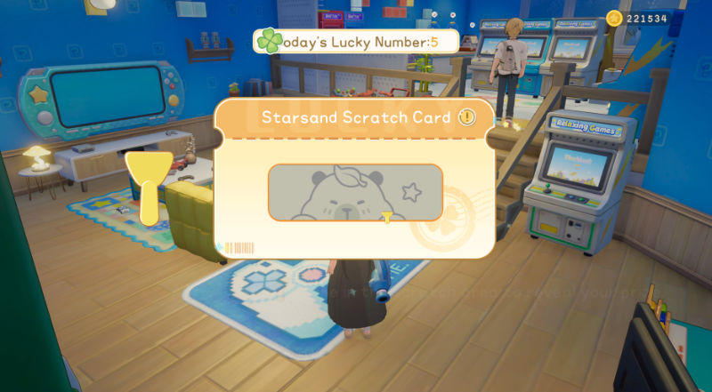Gra-zdrapka w grze Starsand Island. Małe okienko na samym środku ekranu symulujące papierową zdrapkę z kuponem możliwym do oderwania. Na środku okienka widzimy szary obrazek z uroczą kapibarą. U góry ekranu znajduje się informacja, że dzisiejszy szczęśliwy numerek to 5.