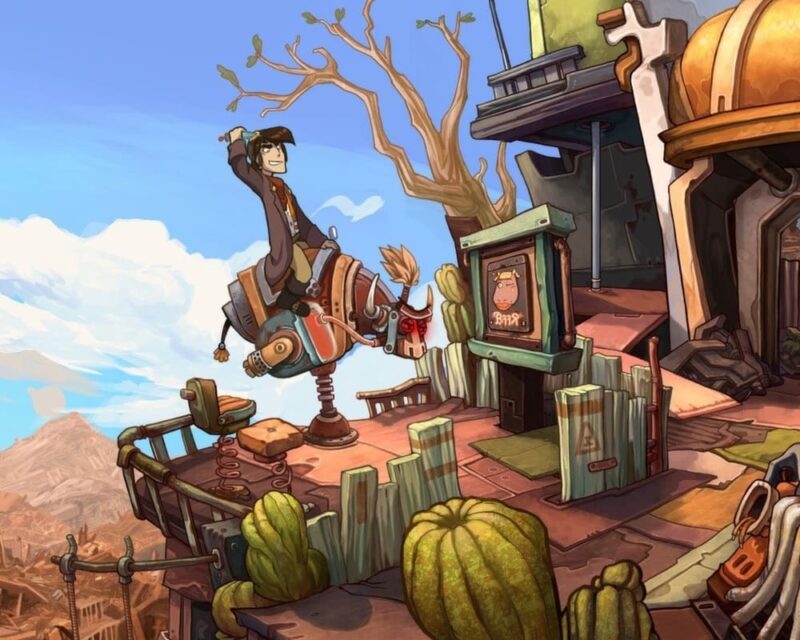 Obrazek przedstawia screena z gry Deponia. Na obrazu widać młodego chłopaka siedzącego na dziwnym, mechanicznym urządzeniu przypominającym byka. Postać unosi prawą rękę do góy, wygląda, jakby się dobrze bawiła. Scena rozgrywa się na małym, metalowym tarasie przy budynku z rurami i maszynami, utrzymanym w steampunkowym stylu. Wokół rosną kaktusy, a w tle widać suche, górzyste krajobrazy i jasne, błękitne niebo. Całość ma rysunkowy, przygodowy klimat.