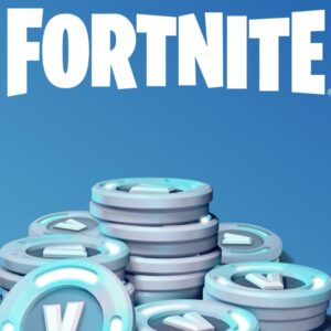 Logo gry Fortnite na niebieskim tle, pod którym znajduje się stos srebrnych monet V-Bucks – wirtualnej waluty używanej w grze.
