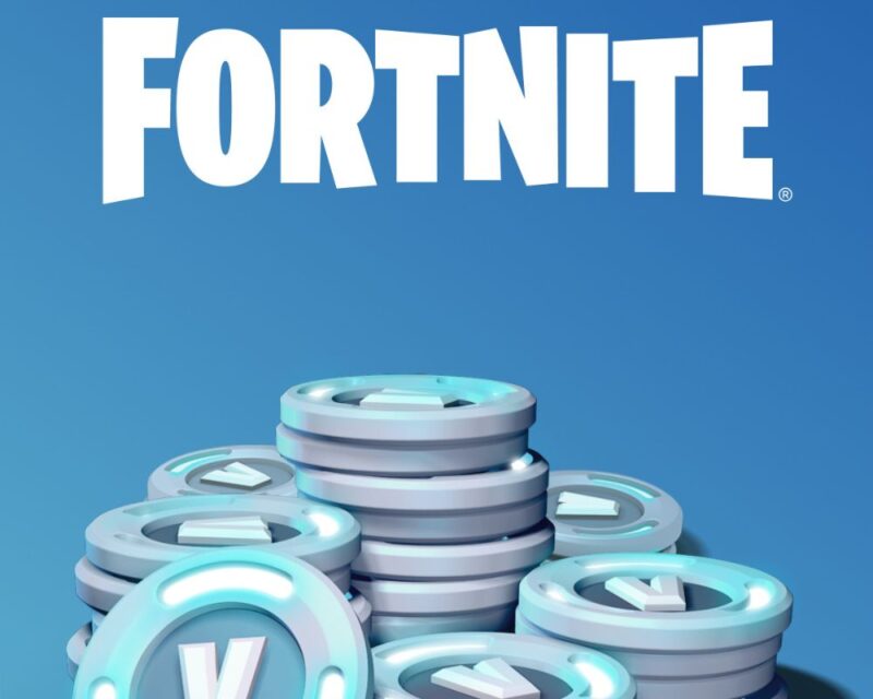 Logo gry Fortnite na niebieskim tle, pod którym znajduje się stos srebrnych monet V-Bucks – wirtualnej waluty używanej w grze.