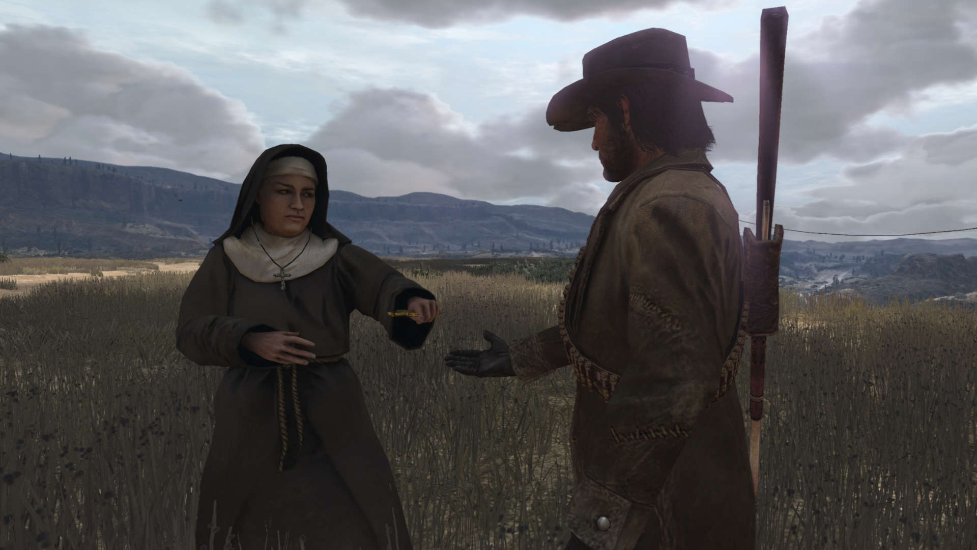Scena dialogowa z gry Red Dead Redemption rozgrywająca się na otwartym polu pod zachmurzonym niebem. John Marston wyciąga dłoń w stronę zakonnicy ubranej w ciemny habit, która podaje mu mały przedmiot. W tle rozciąga się pagórkowaty krajobraz z rzeką w oddali. Spotkanie to sugeruje jeden z wątków fabularnych lub zadań pobocznych, ukazując interakcję głównego bohatera z mieszkańcami świata gry.