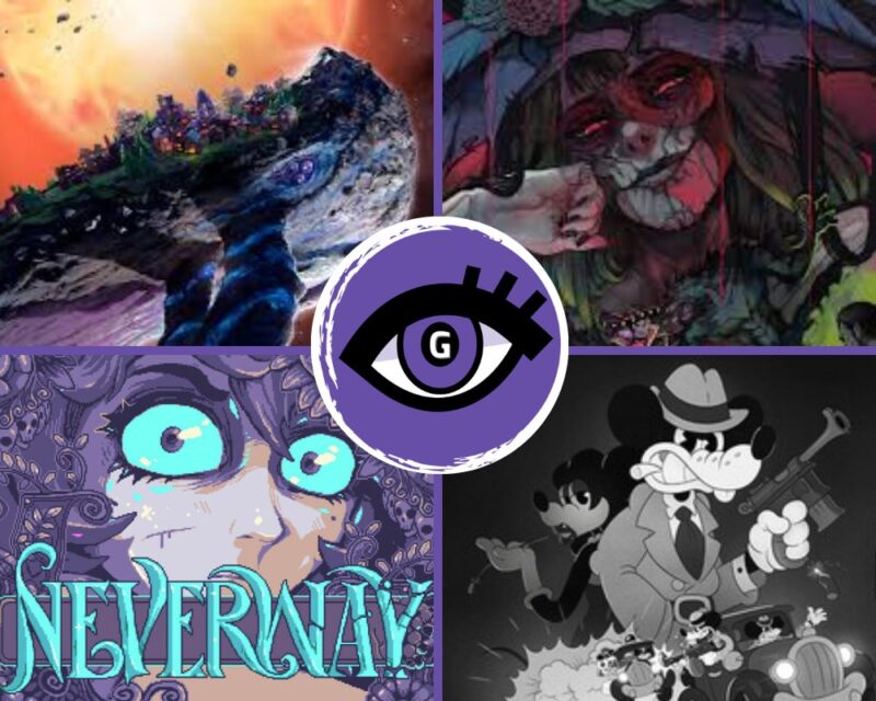 Kolaż czterech ilustracji w fantastycznym stylu otaczających centralne logo z okiem na fioletowym tle; w lewym górnym rogu widoczna jest surrealistyczna, kolorowa wyspa unosząca się w kosmosie, w prawym górnym – uśmiechnięta, mroczna postać o czerwonych oczach, w lewym dolnym – przerażona bohaterka z szeroko otwartymi, turkusowymi oczami i napisem „Neverway”, a w prawym dolnym – czarno-biała scena w stylu retro kreskówki z gangsterem w kapeluszu i bronią.