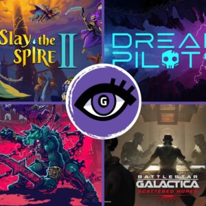 Kolaż czterech grafik promujących gry wideo, z centralnym fioletowym logo oka. W lewym górnym rogu widnieje kolorowa ilustracja fantasy z tytułem „Slay the Spire II”, przedstawiająca bohaterów i potwory wokół wysokiej wieży. W prawym górnym rogu znajduje się neonowy napis „Dread Pilots” na tle ciemnej, kosmicznej scenerii z błyskawicami. W lewym dolnym rogu widoczna jest dynamiczna, komiksowa scena walki – zielona, potężna postać z kolczastą bronią atakuje przeciwników na czerwonym tle. W prawym dolnym rogu przedstawiono bardziej realistyczną scenę science fiction: kilka osób stoi wokół stołu narad w przyciemnionym pomieszczeniu, z napisem „Battlestar Galactica: Scattered Hopes” na dole.