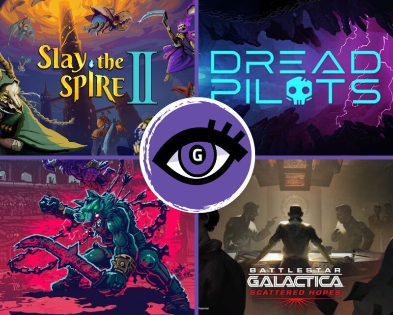 Kolaż czterech grafik promujących gry wideo, z centralnym fioletowym logo oka. W lewym górnym rogu widnieje kolorowa ilustracja fantasy z tytułem „Slay the Spire II”, przedstawiająca bohaterów i potwory wokół wysokiej wieży. W prawym górnym rogu znajduje się neonowy napis „Dread Pilots” na tle ciemnej, kosmicznej scenerii z błyskawicami. W lewym dolnym rogu widoczna jest dynamiczna, komiksowa scena walki – zielona, potężna postać z kolczastą bronią atakuje przeciwników na czerwonym tle. W prawym dolnym rogu przedstawiono bardziej realistyczną scenę science fiction: kilka osób stoi wokół stołu narad w przyciemnionym pomieszczeniu, z napisem „Battlestar Galactica: Scattered Hopes” na dole.