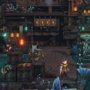 Na obrazku postać niebieskowłosego rycerza w złotej zbroi stoi na kamiennym nabrzeżu w tętniącym życiem, wielopoziomowym mieście fantasy, gdzie obok innych postaci i małego robota otaczają go świecące, egzotyczne rośliny, drewniane budynki z lampionami oraz liczne skrzynie, a cała scena jest skąpana w nastrojowym, turkusowym i pomarańczowym świetle wykonanym w szczegółowym stylu pixel art.
