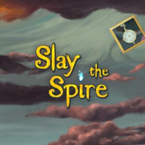 Na obrazku widać ilustrację w stylu malarskim, która wygląda jak ekran tytułowy gry. Na środku znajduje się duży, żółty napis „Slay the Spire” wykonany fantazyjną, lekko nieregularną czcionką. Litery są podświetlone i wyglądają jak ręcznie malowane. Nad słowem „Spire” unosi się mały, niebieski płomyk, który dodaje mistycznego klimatu. Tło przedstawia mroczne, burzowe niebo z wirującymi chmurami w odcieniach zieleni, szarości i fioletu. Po lewej stronie widać fragment wysokiej, ciemnej wieży lub kolumny, która sugeruje tytułową „iglicę” (spire). W prawym górnym rogu unosi się mała karta z rysunkiem białego zegara ze złotą obwódką, tło ma różne odcienie zielonego