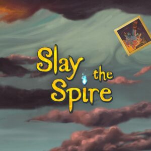 Na obrazku widać ilustrację w stylu malarskim, która wygląda jak ekran tytułowy gry. Na środku znajduje się duży, żółty napis „Slay the Spire” wykonany fantazyjną, lekko nieregularną czcionką. Litery są podświetlone i wyglądają jak ręcznie malowane. Nad słowem „Spire” unosi się mały, niebieski płomyk, który dodaje mistycznego klimatu. Tło przedstawia mroczne, burzowe niebo z wirującymi chmurami w odcieniach zieleni, szarości i fioletu. Po lewej stronie widać fragment wysokiej, ciemnej wieży lub kolumny, która sugeruje tytułową „iglicę” (spire). W prawym górnym rogu unosi się mała karta z rysunkiem stalowej buławy uderzającej o ziemię, co powoduje zółty rozprysk jakiejś substancji