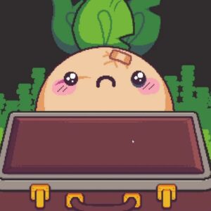 Pixel artowy kadr z gry przedstawia smutnego Turnip Boya zaglądającego do otwartej, pustej walizki. Bohater ma na czole plastry, a w tle widać zielone, spikselowane krzaki.