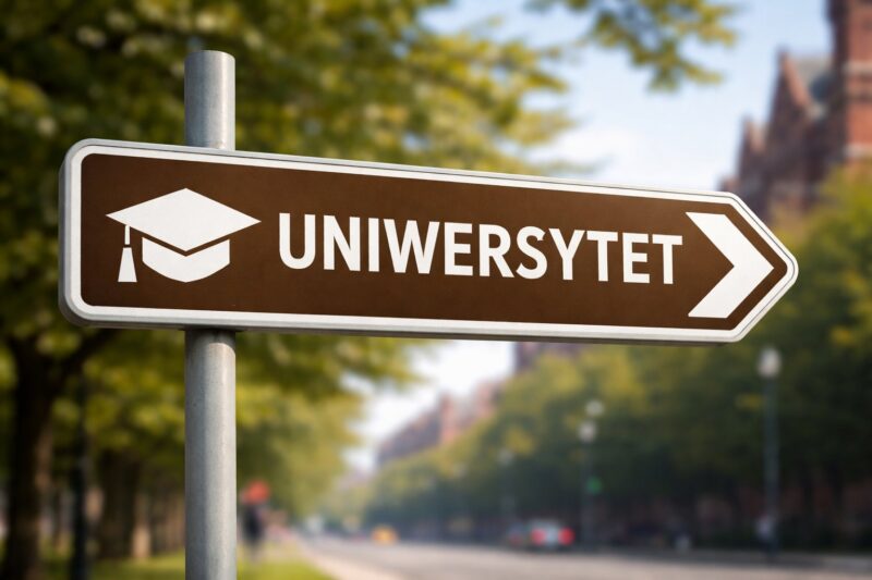 Brązowy drogowskaz skierowany w prawą stronę z napisem uniwersytet na rozmazanym tle zieleni drzew oraz starych ceglastych budynków.
