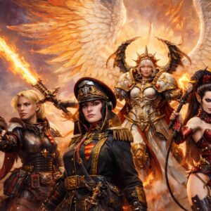 Dynamiczna ilustracja fantasy przedstawiająca pięć potężnych wojowniczek Warhammera 40.000 stojących razem na tle ognia i świetlistych skrzydeł. Centralną postacią jest Święta Celestyna. Anielska wojowniczka w złotej zbroi z ogromnymi skrzydłami i płonącym mieczem, symbolizująca światło i potęgę. Obok niej stoją inne bohaterki reprezentujące różne style walki i światy – futurystyczna komisarz Severina Raine z pistoletem, surowa dowódczyni w wojskowym mundurze, mroczna Leilth Hasperax w czerwono-czarnej zbroi oraz tajemnicza kapłanka z włócznią. Grafika łączy elementy fantasy, science fiction oraz epickiej sztuki koncepcyjnej, przedstawiając kobiece postacie jako silne, niezależne bohaterki. Intensywne światło ognia, złote skrzydła i dramatyczna kompozycja nadają ilustracji monumentalny, heroiczny charakter. Obraz idealnie pasuje do tematów takich jak epicka fantastyka, bohaterki fantasy, wojowniczki, anioły, magia i bitwa dobra ze złem.