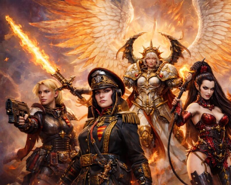 Dynamiczna ilustracja fantasy przedstawiająca pięć potężnych wojowniczek Warhammera 40.000 stojących razem na tle ognia i świetlistych skrzydeł. Centralną postacią jest Święta Celestyna. Anielska wojowniczka w złotej zbroi z ogromnymi skrzydłami i płonącym mieczem, symbolizująca światło i potęgę. Obok niej stoją inne bohaterki reprezentujące różne style walki i światy – futurystyczna komisarz Severina Raine z pistoletem, surowa dowódczyni w wojskowym mundurze, mroczna Leilth Hasperax w czerwono-czarnej zbroi oraz tajemnicza kapłanka z włócznią. Grafika łączy elementy fantasy, science fiction oraz epickiej sztuki koncepcyjnej, przedstawiając kobiece postacie jako silne, niezależne bohaterki. Intensywne światło ognia, złote skrzydła i dramatyczna kompozycja nadają ilustracji monumentalny, heroiczny charakter. Obraz idealnie pasuje do tematów takich jak epicka fantastyka, bohaterki fantasy, wojowniczki, anioły, magia i bitwa dobra ze złem.