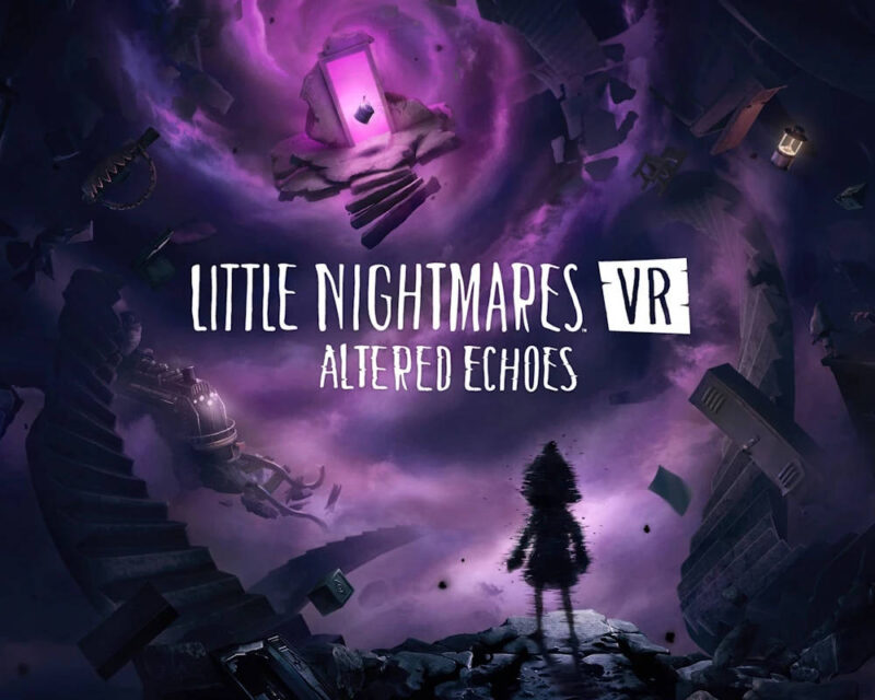 Treść wiadomości Gemini Grafika promująca grę Little Nightmares VR: Altered Echoes utrzymana jest w mrocznej, onirycznej estetyce, zdominowanej przez głębokie fiolety i czernie. Na pierwszym planie, na skraju poszarpanej skalnej półki, stoi mała, czarna, niemal sylwetkowa postać, która wydaje się lekko rozmyta lub „glitchująca”, co sugeruje jej niestałą naturę. Nad nią widnieje duży, biały tytuł gry wykonany charakterystyczną dla serii, kanciastą czcionką. Tło stanowi surrealistyczny chaos: wokół centralnego punktu wirują fragmenty rzeczywistości, takie jak powykręcane schody, dryfujące meble, latarnie oraz wrak pociągu wyłaniający się z mgły. W górnej części obrazu, wewnątrz fioletowego wiru energii, unosi się lewitująca platforma z otwartymi, różowo świecącymi drzwiami, stanowiącymi najjaśniejszy punkt kompozycji. Całość bije aurą tajemnicy i niepokoju, typową dla koszmarnych wizji znanych z tego uniwersum.