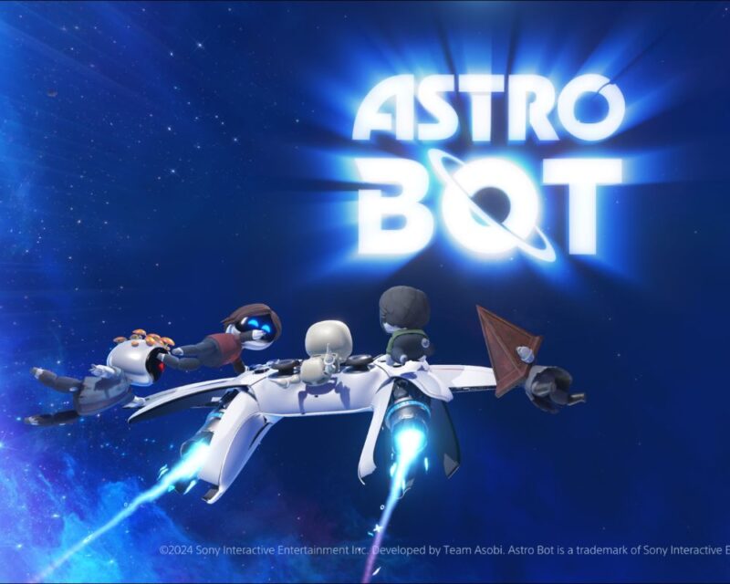 Grafika z gry Astro Bot przedstawiająca małe roboty lecące w kosmosie na futurystycznym statku, z jasnym napisem „ASTRO BOT” w tle.