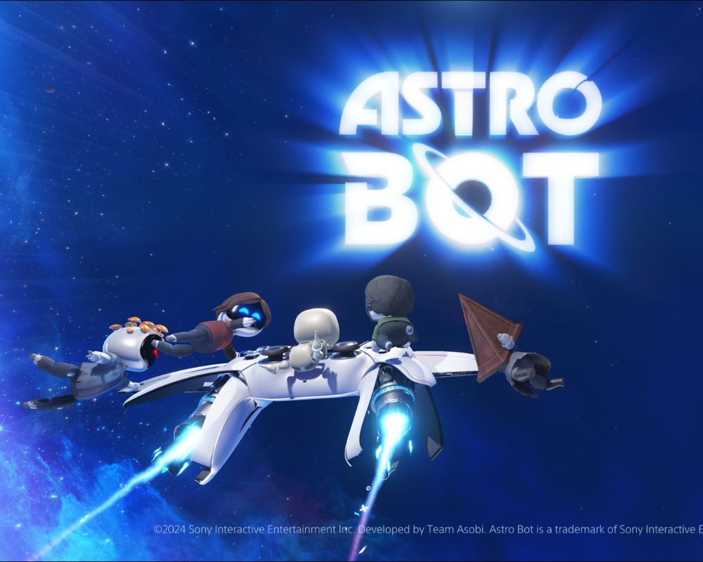 Grafika z gry Astro Bot przedstawiająca małe roboty lecące w kosmosie na futurystycznym statku, z jasnym napisem „ASTRO BOT” w tle.