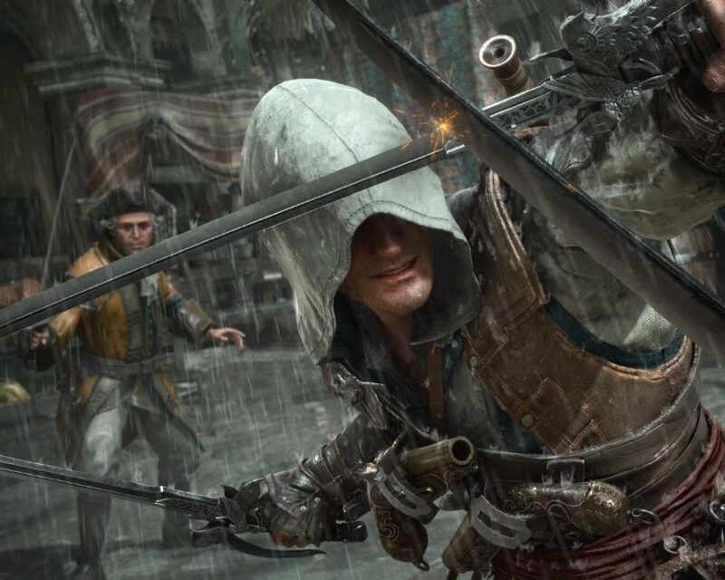 Asasyn w jasnym kapturze, ubrany w skórzany strój z pasami i kaburą na broń, krzyżuje ostrze z przeciwnikiem w deszczu, a w tle stoją wrogowie w długich płaszczach i trójgraniastych kapeluszach na pokładzie statku.