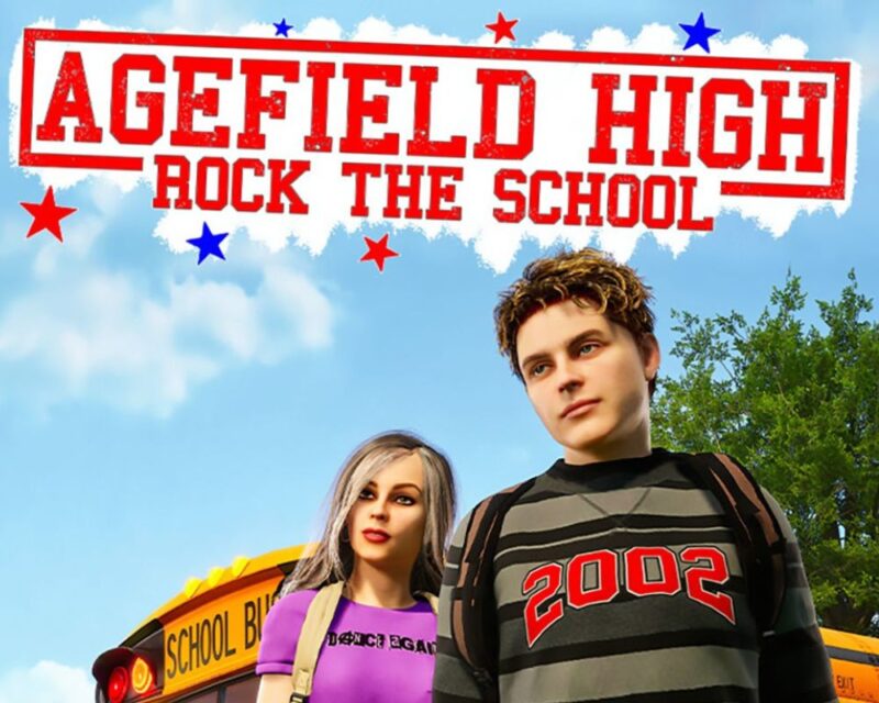 Zdjęcie promocyjne Agefield High: Rock the School. Ilustracja przedstawia dwóch licealistów stojących przed żółtym autobusem. Nad nimi widnieje napis: Agefield High: Rock the School. Dominują kolory błękitu.