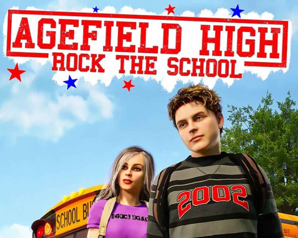 Zdjęcie promocyjne Agefield High: Rock the School. Ilustracja przedstawia dwóch licealistów stojących przed żółtym autobusem. Nad nimi widnieje napis: Agefield High: Rock the School. Dominują kolory błękitu.