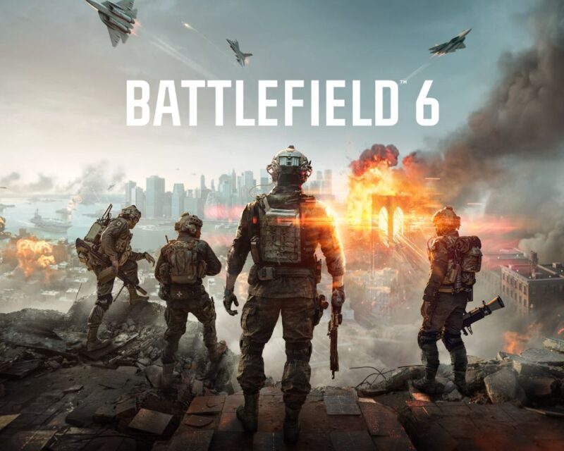 Kadr z gry Battlefield 6 przedstawiający czterech żołnierzy stojących na ruinach miasta podczas intensywnej bitwy, z eksplozjami, myśliwcami odrzutowymi i dymem unoszącym się nad zniszczoną metropolią. Na środku widoczne jest logo Battlefield 6 w białym kolorze.