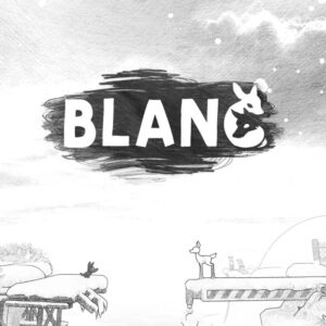 Czarno-biała grafika z logo gry „Blanc”. Na środku widnieje stylizowany napis „BLANC” z ikonami wilka i jelonka, a w tle widać minimalistyczny, rysunkowy krajobraz zimowy z platformami, skałami i małymi zwierzętami w śnieżnej scenerii.
