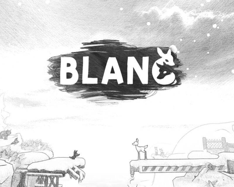 Czarno-biała grafika z logo gry „Blanc”. Na środku widnieje stylizowany napis „BLANC” z ikonami wilka i jelonka, a w tle widać minimalistyczny, rysunkowy krajobraz zimowy z platformami, skałami i małymi zwierzętami w śnieżnej scenerii.